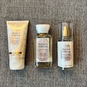 3 Piece Bath & Body Works Always & Forever Body Cream, Wash, Mist Travel Size